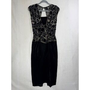 New Leaf by Samir Vintage Black Velvet Devore Gold Floral Midi Dress 9931 S 9/10